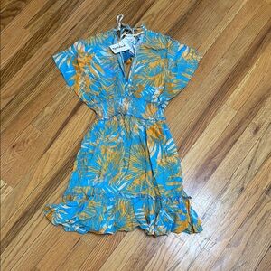 Blue Island Beach Tropical Print Mini Dress | Smocked Waist | New with Tags